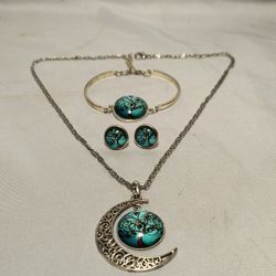 Crescent Moon Pendant,Stud Earrings, & Bracelet Set *Tree Of Life* 18 In.Chain