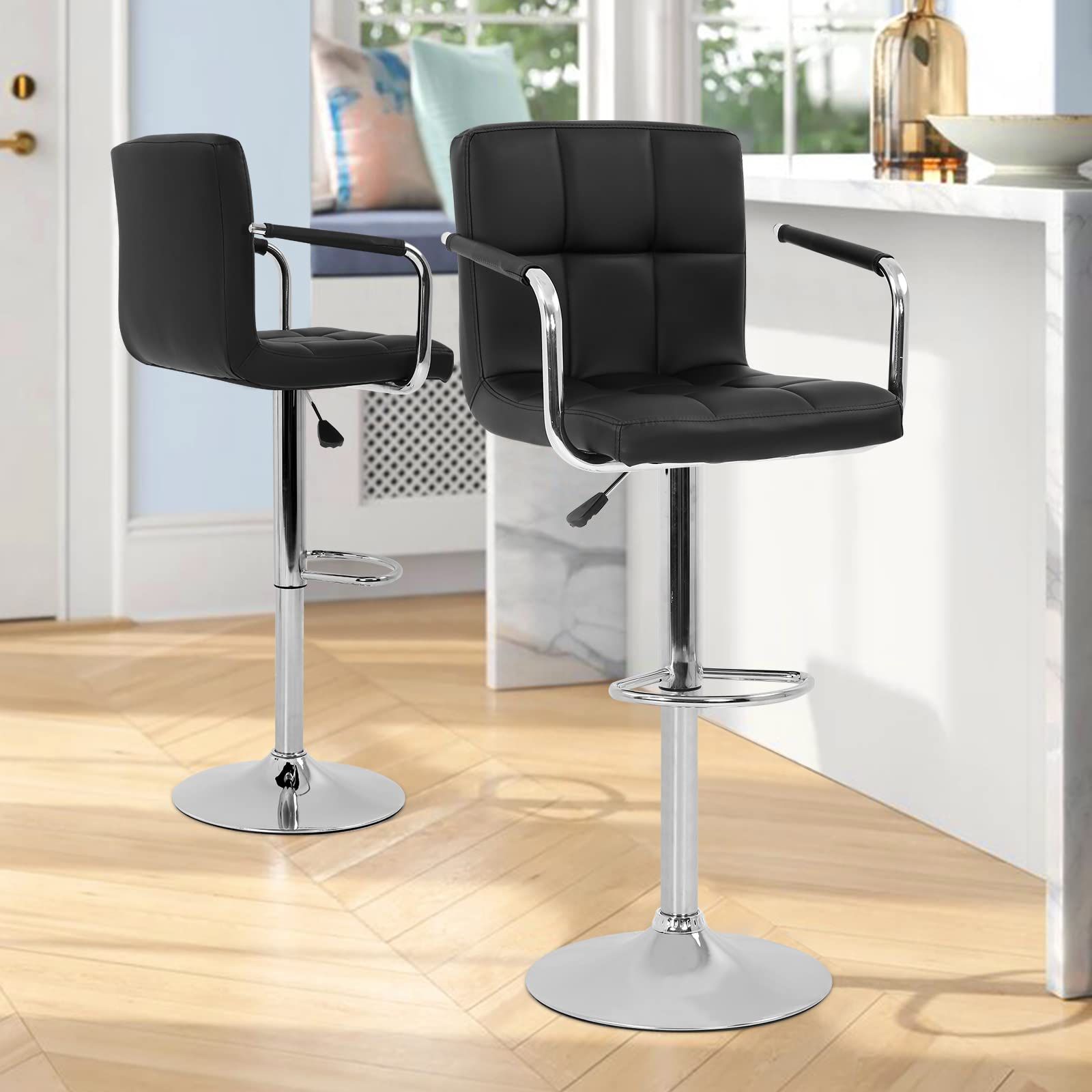 2 Modern Square Bar Stools, Height Adjustable Hydraulic 360 Degree Swivel, PU leather