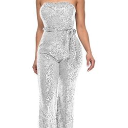 3XL Sequin Rhinestone Rompers Tube Strapless Sparkly Clubwear Belted High Waisted Jumpsuits Wide Leg Pants