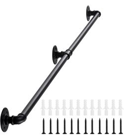 Handrail for Indoor Stairs - 4 Feet Wall Mount Industrial Iron Pipe - Metal Railing Non-Slip Grab Bar - Stairs Porch Deck Hand Rail Matte Black @A7-77