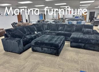 Large Dark Blue Corduroy Sectional Sofa with Ottoman