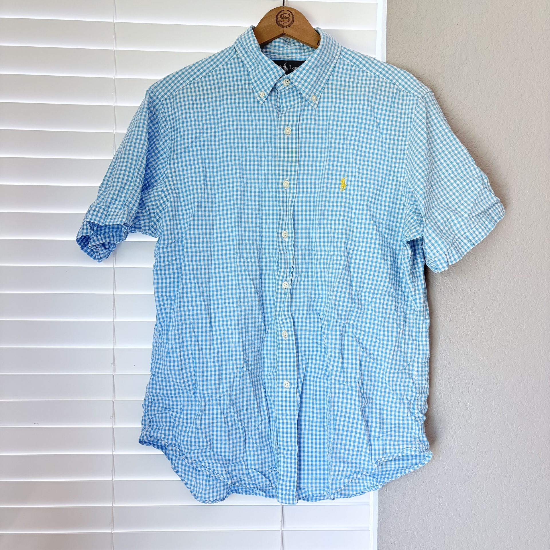 Ralph Lauren Short Sleeve Shirt Blue Gingham Check Men’s L Preppy Button Down