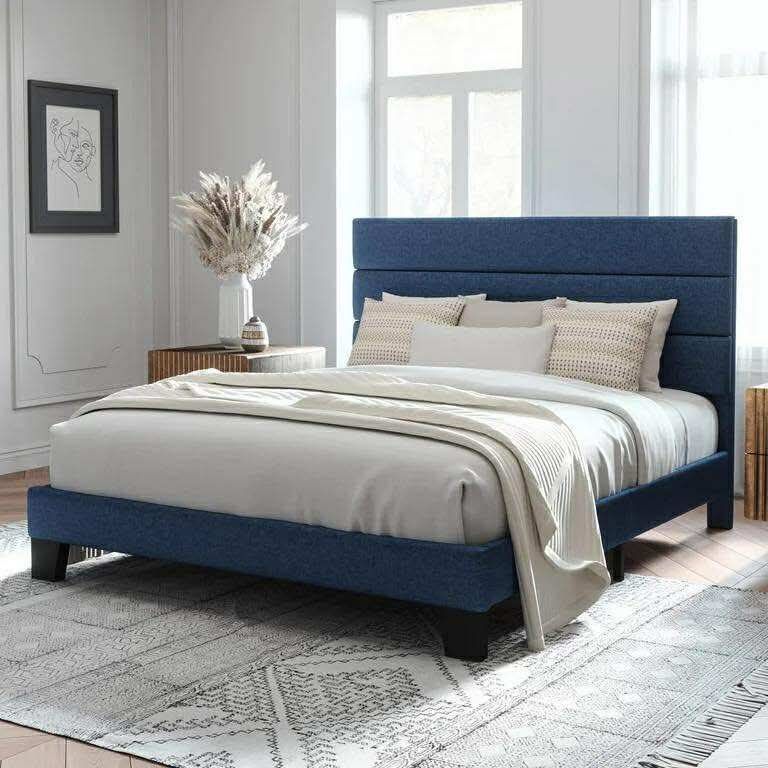 King Size Platform Bed Frame with Fabric Upholstered Headboard, No Box Spring Needed, Navy Blue