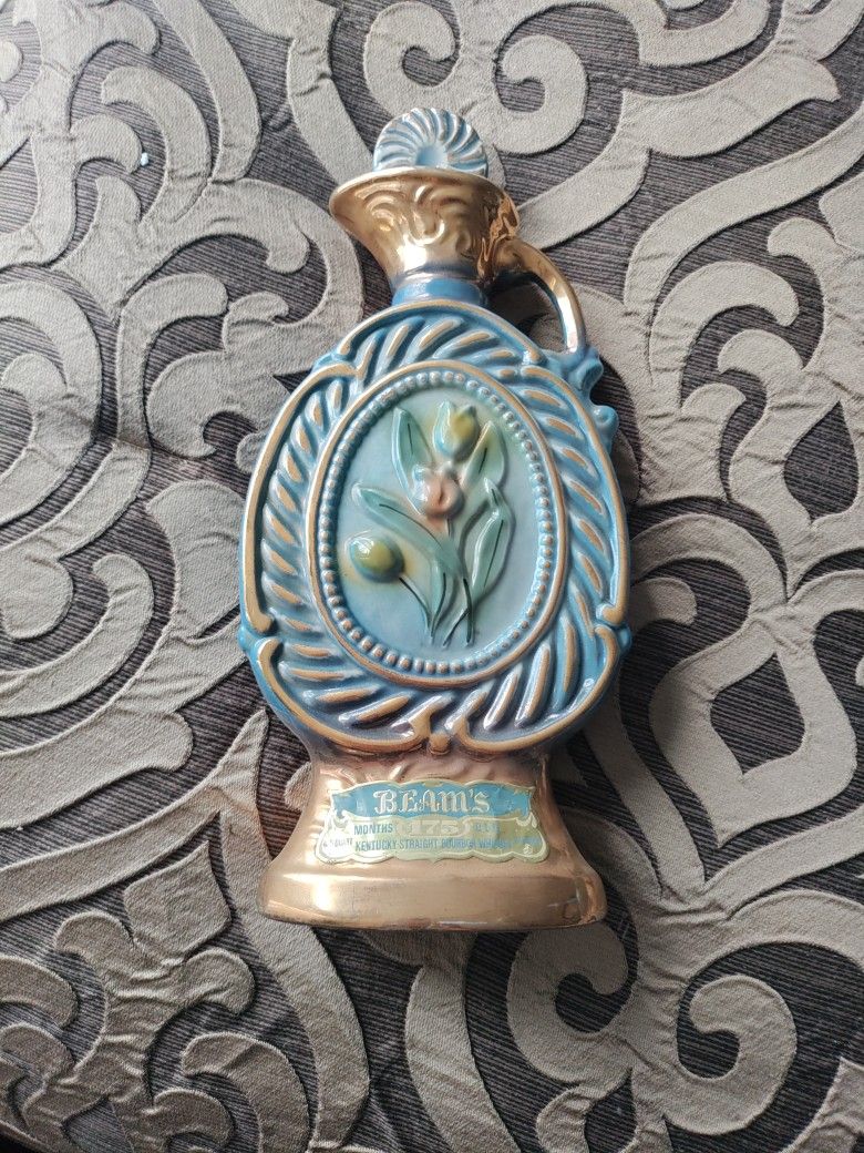 Vintage 1973 Genuine Regal China Jim Beam Gold Blue Flowered Decanter Bottle