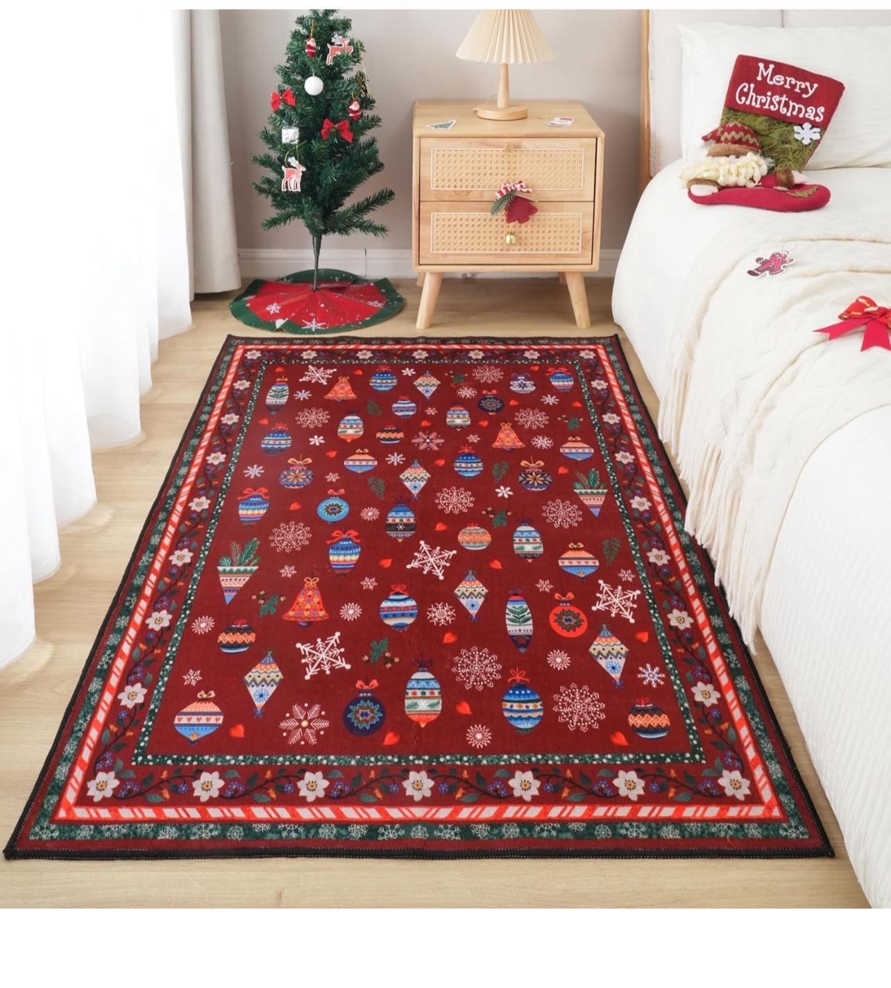 Brandnew  3x5 Rug Washable Area Rug Office Rug Non Slip Thin Red Holiday Rugs for Bedroom, Bedside, Kitchen, Entryway, Kids Room, Office(Xmas Snowflak