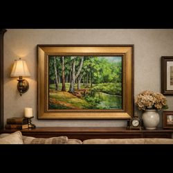 Large Signed Original Oil Painting — Forest River Landscape — 27×23 in (Frame)