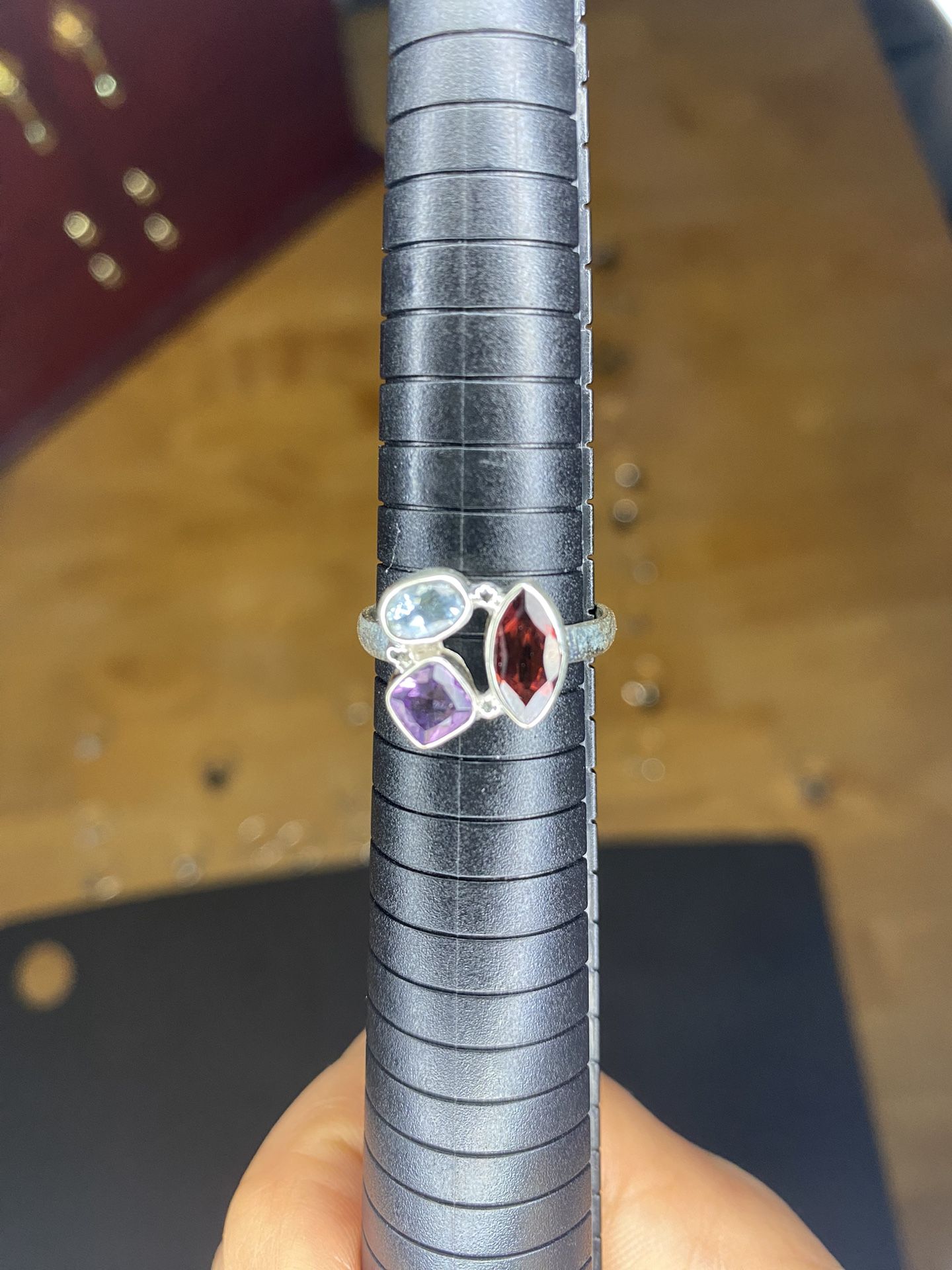 Sterling Silver Blue Topaz, Amethyst and Garnet Ring, Size 9