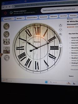18" White Washed Wood Wall Clock, NEW