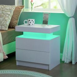 LED Night Stand White Nightstand with 2 Drawers Modern Beside Table for Bedroom Side Bed Table with LED Lights, White 