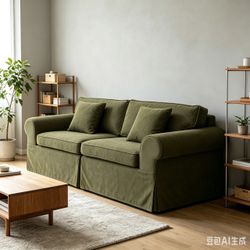 Olive Green Slipcovered Two-Seat Sofa