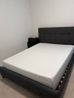 Queen Size Upholstered Platform Bed Frame + Queen Mattress Set – Great Condition!