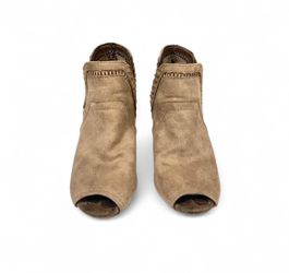 Women’s size 6.5 Fergalicious tan suede open toe ankle heel boots