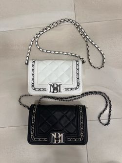NEW BADGLEY MISCHKA Black and White Diamond Quilted Chain Crossbody Clutch Vegan Leather