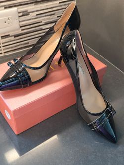 SuPeR HoT Black Sheer Stiletto Style Women's Size 10 NEW in Box Heels Pointed Toe Sleek Patent Leather Double Buckle Accent