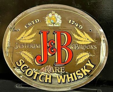 J & B Rare Scotch Whiskey Mirror Bar Man Cave Advertising Vintage Sign Bar Mirror Justerini and Brooks