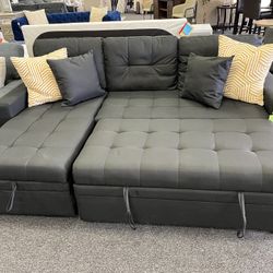 Sleeper Sectional In Black Linen With Reversible Storage Chaise 