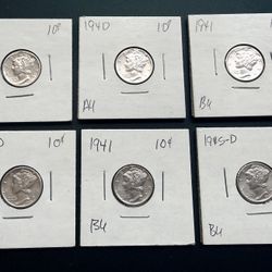 Six Different Mercury Dimes In AU To BU Condition 