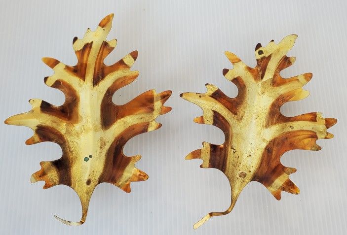 MCM Brutalist Brass Oak Leaf Wall Hangings Set of 2 Autumn Leaves Sconce VTG