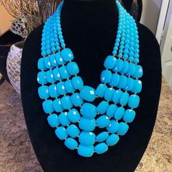 5 Strand Turquoise Blue Acrylic & Gold Beaded Necklace 