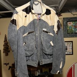 Men’s Vintage Guess Stone Washed Cowboy Cow Skin Jean Jacket S/M