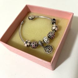 Pandora Sterling Silver & Pink Flowers Charm Bracelet - 7 Charms
