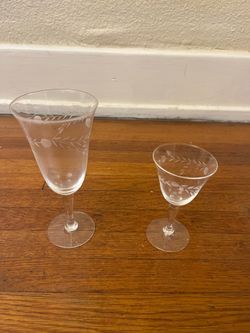 Vintage Clear Etched Vine Wine Glasses and Cordials Set of 12