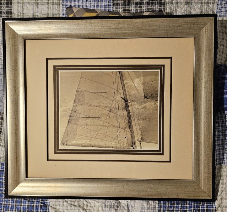 Vintage large matted and framed print of the sails on a sailing yacht. Beautiful print