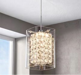 Artika Crystal Cube 5.5-Watt 1-Light Modern Chrome Integrated LED Hanging Mini Pendant Light Fixture for Kitchen Island