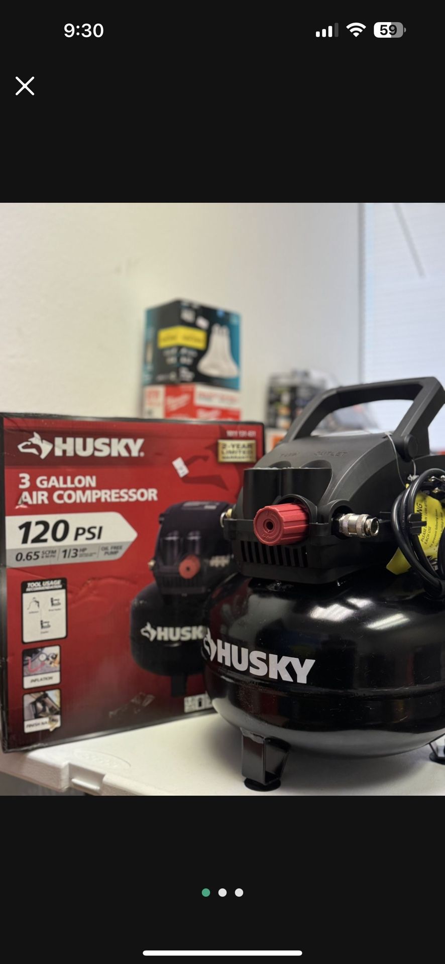 Husky 3 Gal. 120 PSI Portable Electric Oil-Free Light Duty Pancake Air Compressor with Fold Down Handle and 1-Quick Coupler