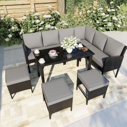 Assembled New Outdoor Dining Set, 7 Pieces Wicker Conversation Patio Furniture with Black Glass Table, L-Shaped PE Rattan Sectional Sofa Seating with 