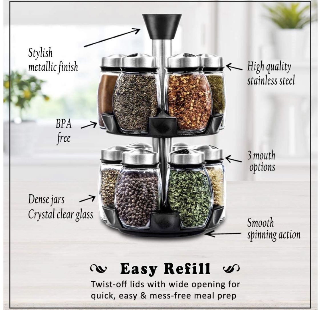 12-Jar Revolving Spice Rack Organizer, Spinning Countertop Herb and Spice Rack Organizer with 12 Glass Jar Bottles