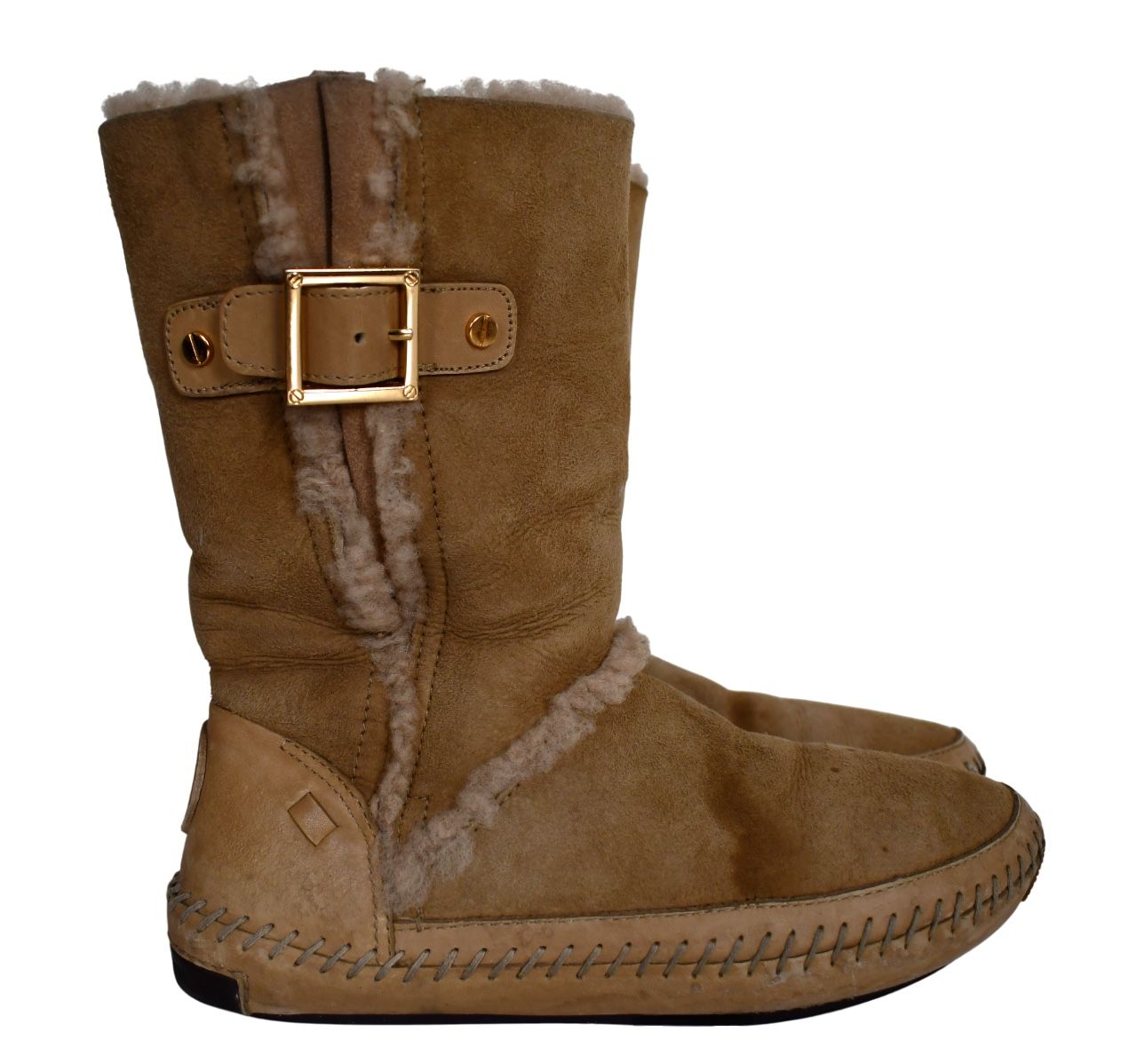TORY BURCH Tan SUEDE SHEARLING-LINED MID-CALF Moccasin Snow Boots US 7.5