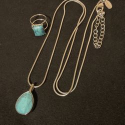 36” SilverTone Solid Necklace With Turquoise Stone Pendant And Matching Ring..Size 8.5