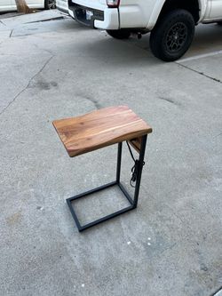 Solid Natural Wood Side Table with Electrical Outlet