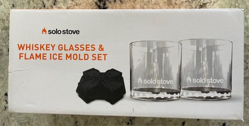 Solo Stove Whiskey Glasses & Flame Ice Mold Set includes two branded lowball glasses
