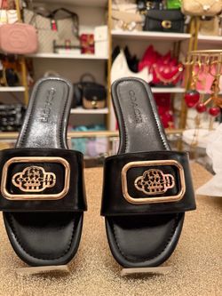 Coach Black Leather Slide Sandals