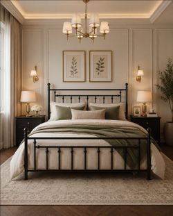 Queen Size Metal Platform Bed Frame/Vintage Iron-Art Headboard and Footboard/Mattress Foundation for Storage/No Box Spring Needed/Noise-Free/Easy Asse