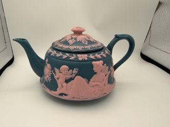 Antique Schafer Vater German Jasperware Teapot - Teal & Pink Fairy Cherub 4446