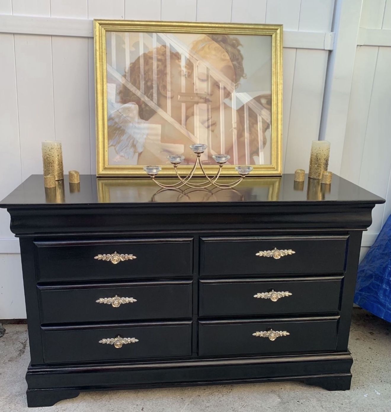 Black Wooden Dresser Set Classic Style Including Long Dresser ,nightstand, Mirror Set Has Been Refurbished!🌺