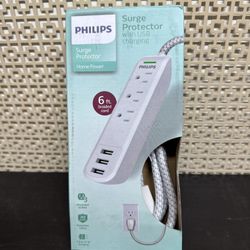 Philips 3-Outlet Grounded Braided Extension Cord with USB 3 Ports 3.4A 360J 6' B