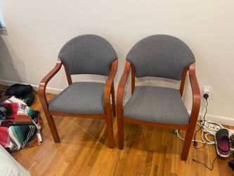 Pair of Modern Bentwood Accent Chairs – Gray Upholstery & Cherry Wood