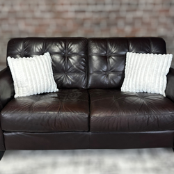 Delivery Available Maceys leather dark brown loveseat