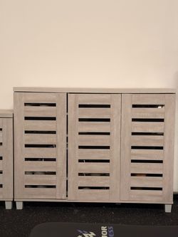 Gray Wood Shoe Storage Cabinet with Slatted Doors