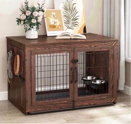 38 inch Dog Crate Furniture with 360°Rotatable Removable Dog Bowls, Upgraded Sturdy Door Lock,