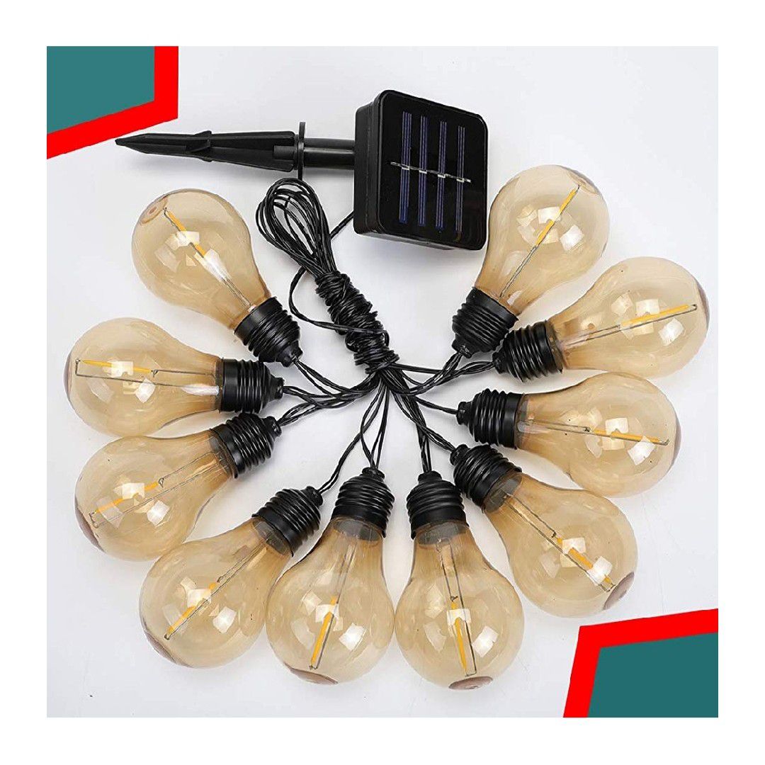 Solar String Light Outdoor Edison Vintage Plastic 10 Bulbs 16.4 FT- Hanging Shatterproof & Waterproof String Lights
