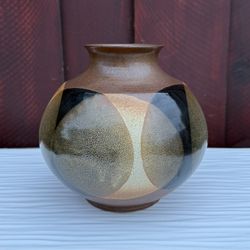 Unique Vintage Pottery Vase Geometric Design Signed 7.5"H x 7.5"W