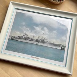 USS Sierra Ship printed Framed Vintage Cream Blue Trim Home Wall Decoration