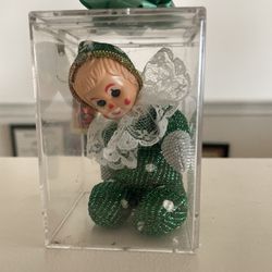 Vintage Pixie Doll Christmas Tree Ornament Green Elf Clown Blinking Eyes 4.75"