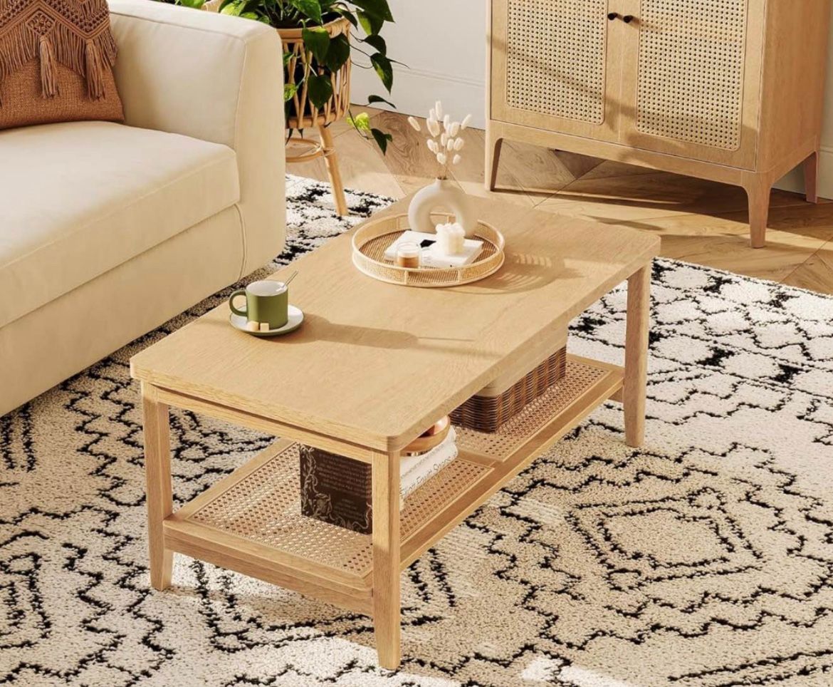 2-Tier Coffee Table for Living Room, Rectangular Living Room Table, with PVC Rattan Storage Shelf, Rounded Corners, Easy Assembly, Boho Style, 21.7 x 