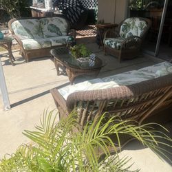 Vintage 6-Piece Rattan Patio Set – Sofa, XL Armchair, Settee & Glass Tables – $1,100 OBO. Complete 6-piece rattan set with XL armchair + glass tables.